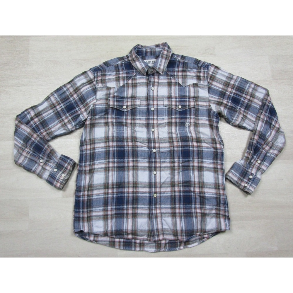 Ariat Retro Fit Pearl Snap Western Shirt Mens (M) Plaid Flannel Blue Long Sleeve
